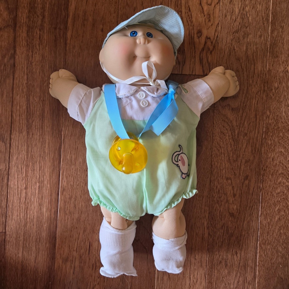 Vintage Cabbage Patch Kids Boy Doll Blue Eyes Blonde Hair Mint Green Romper 15"